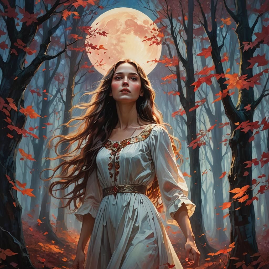 Ethereal Forest Woman Under Red Moon, Fantasy Art