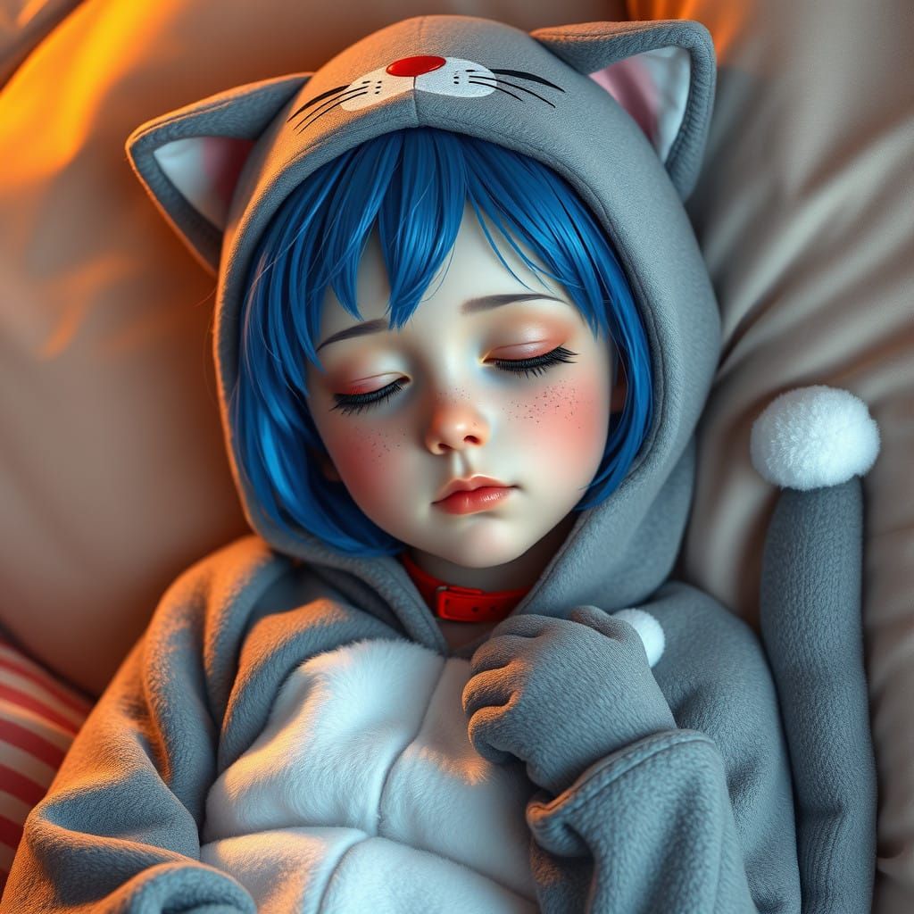 Charming Girl Slumbers in Whimsical Cat-Themed Scene