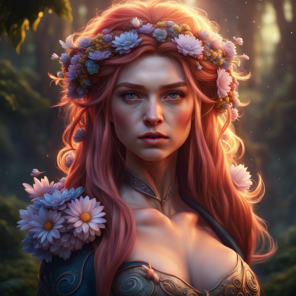Girl with Glowing Hair and Flowers