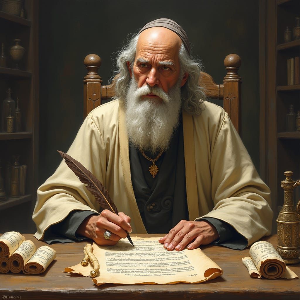 Wise Sage Writing, Intricate Mystical Illustration