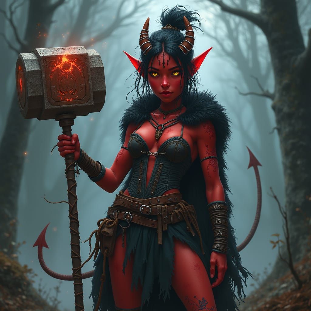 Ethereal Red-Hued Barbarian Goddess of the Dark Forest