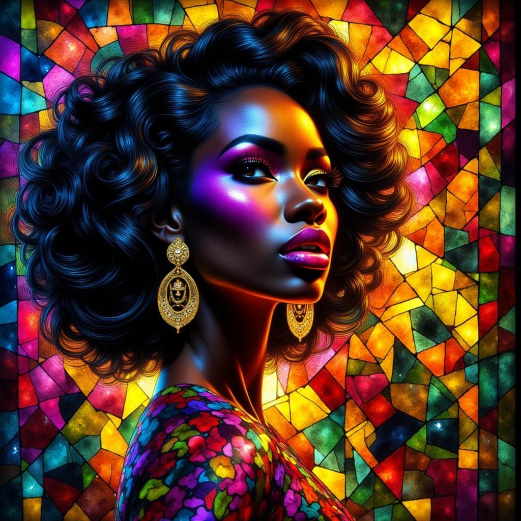 Josephine Baker Stained Glass Portrait in Dark Fantasy Style