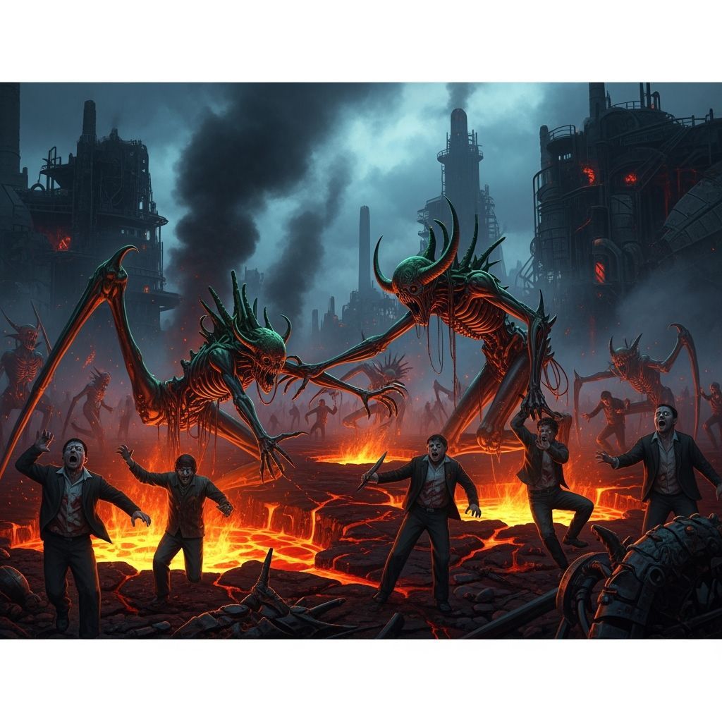 Nightmarish Demons Emerge from Fiery Dystopian Landscape