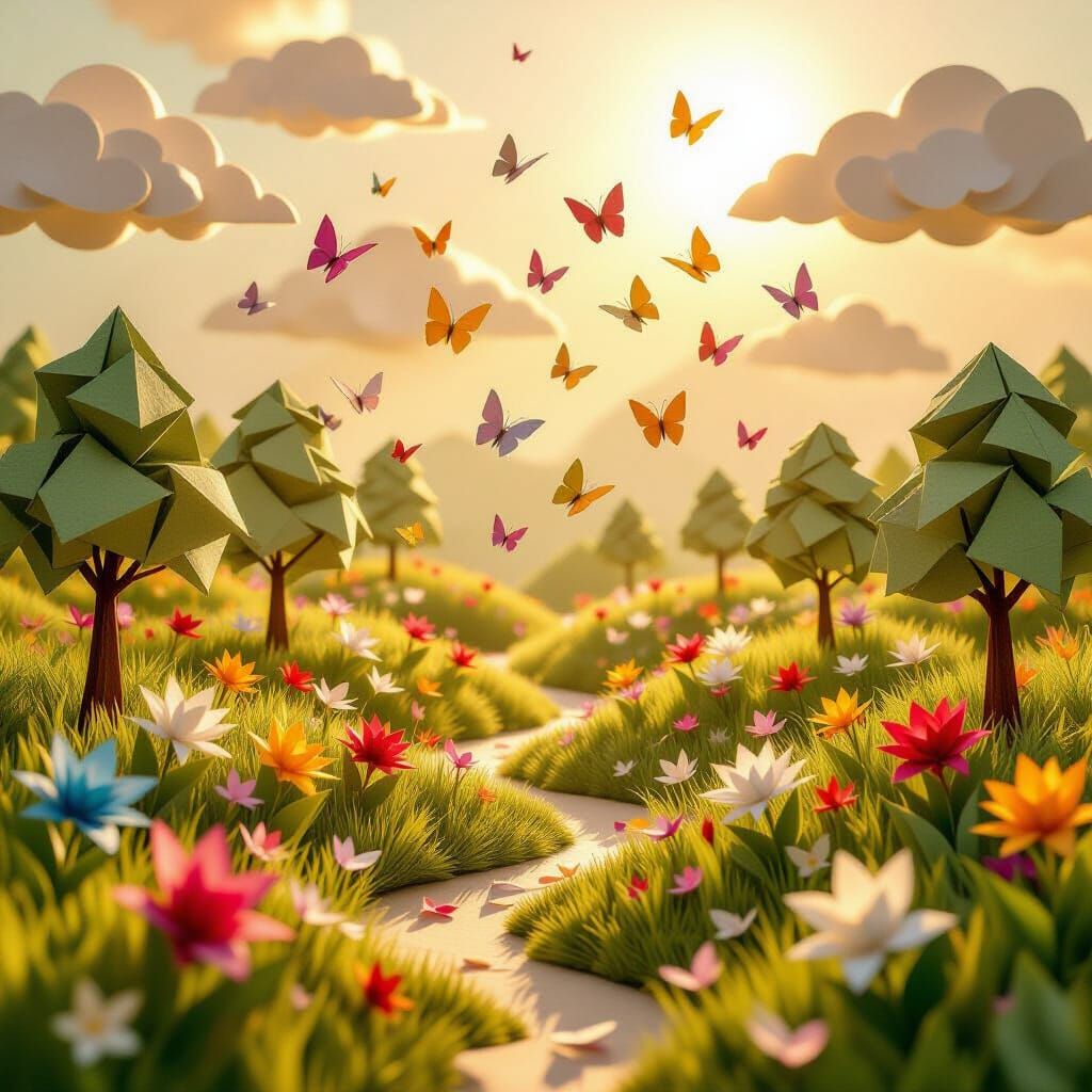 Origami Garden With Butterflies in Golden Light