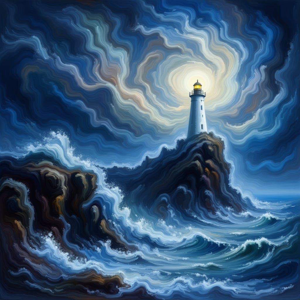 Ethereal Storm Batters Lighthouse on Jagged Cliff