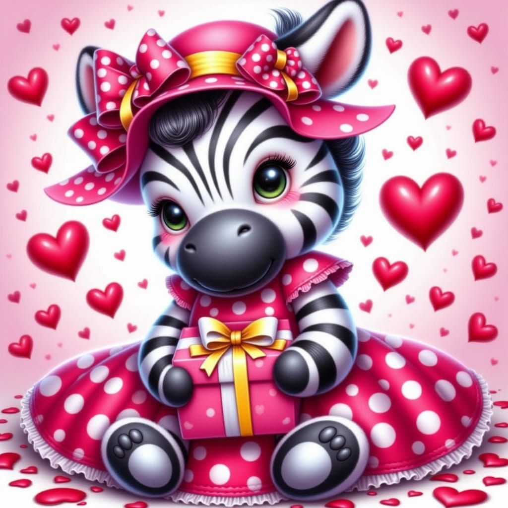 Funny Zebra with Gift Box in Cartoon Style