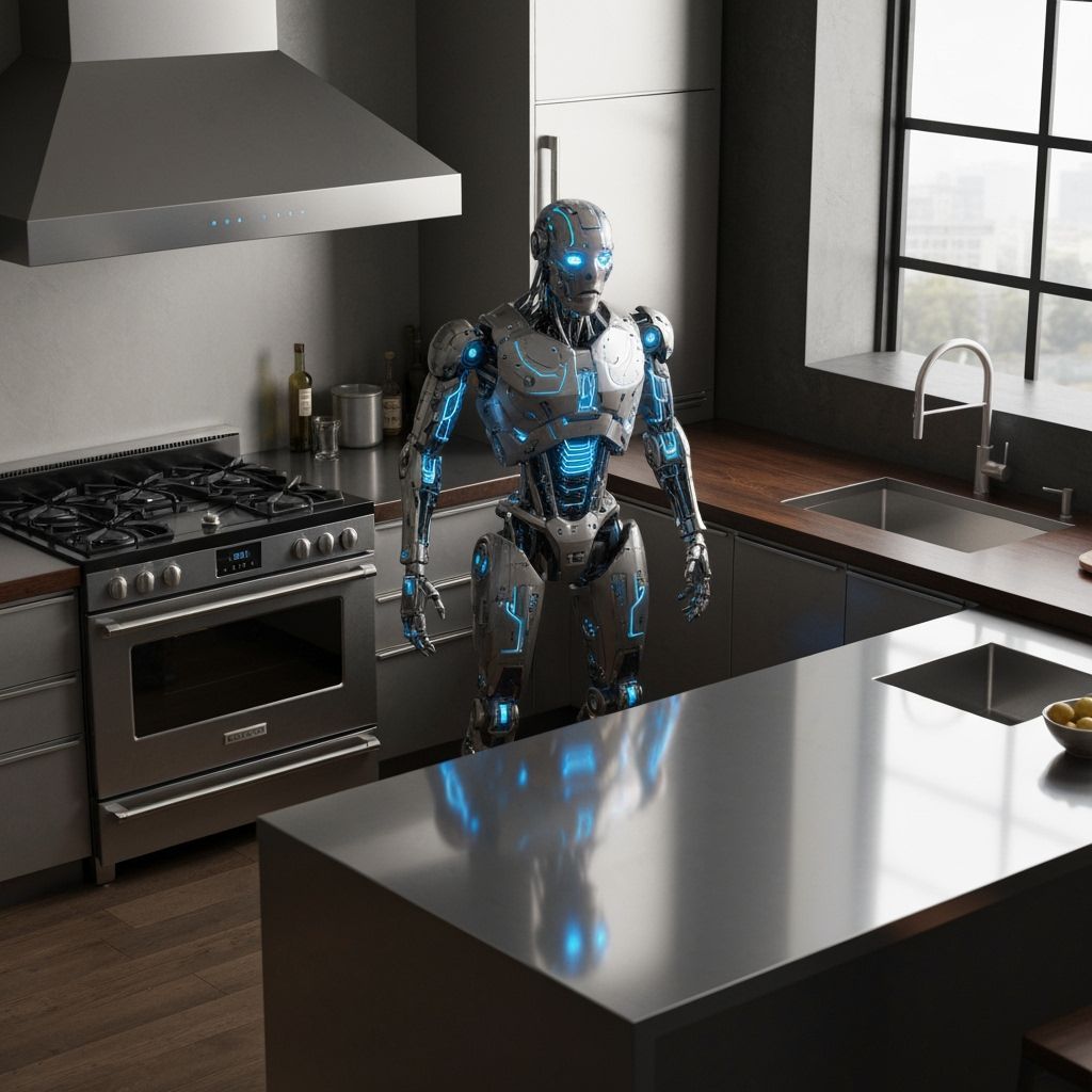 Futuristic Robot in Modern Kitchen, Cyberpunk Aesthetic