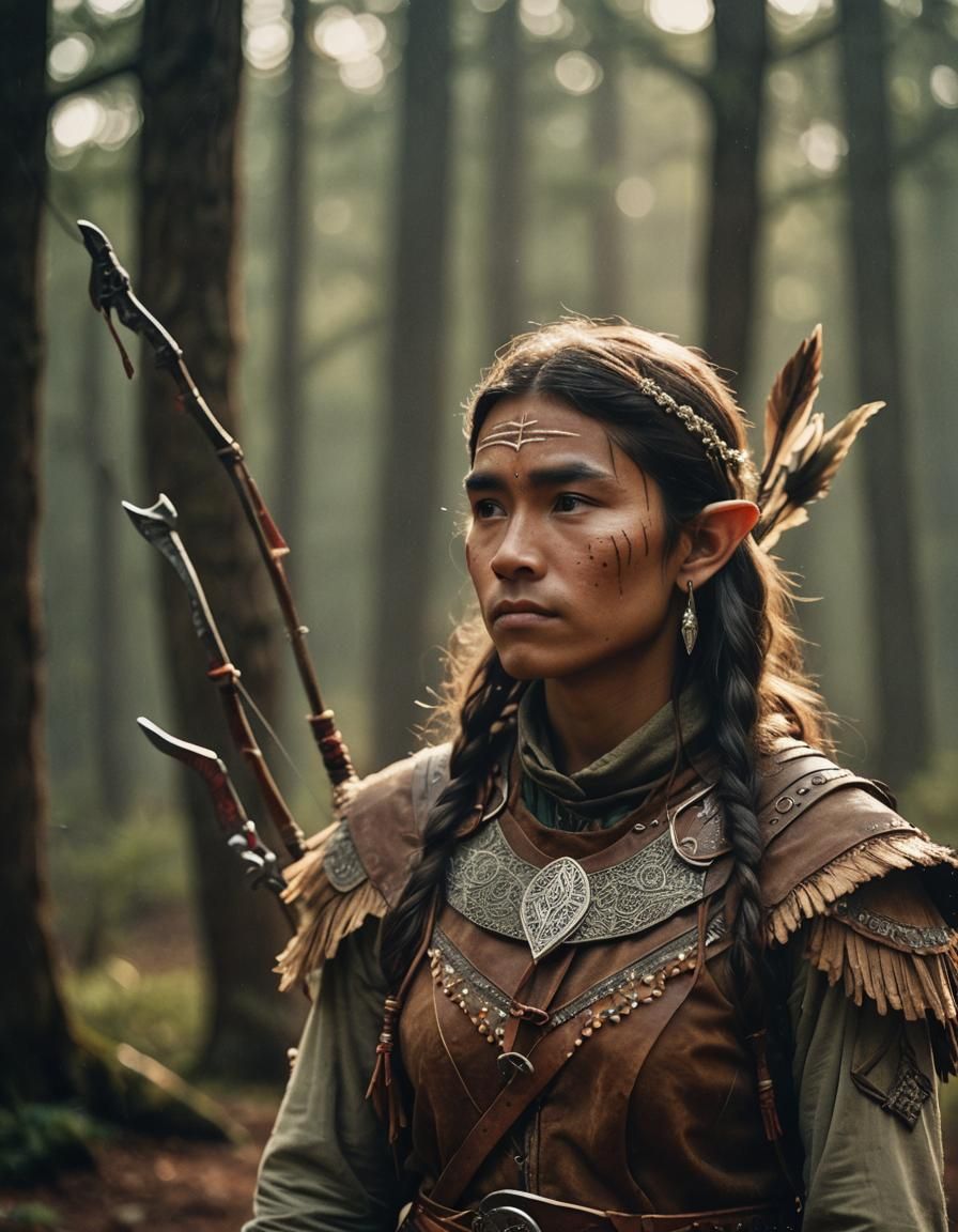 Navajo Elf with Bow in Misty Forest