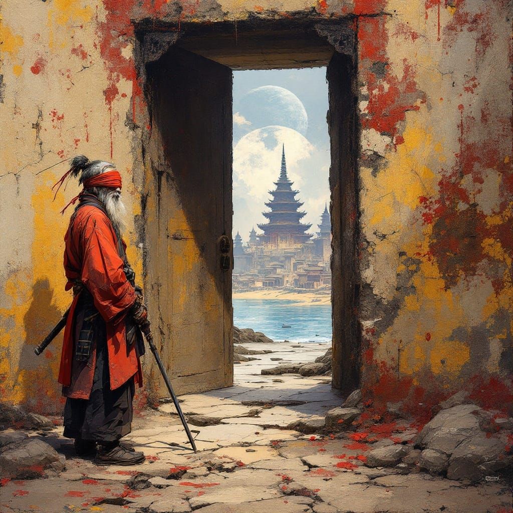 Samurai Guarding Alien City: Impasto Concept Art