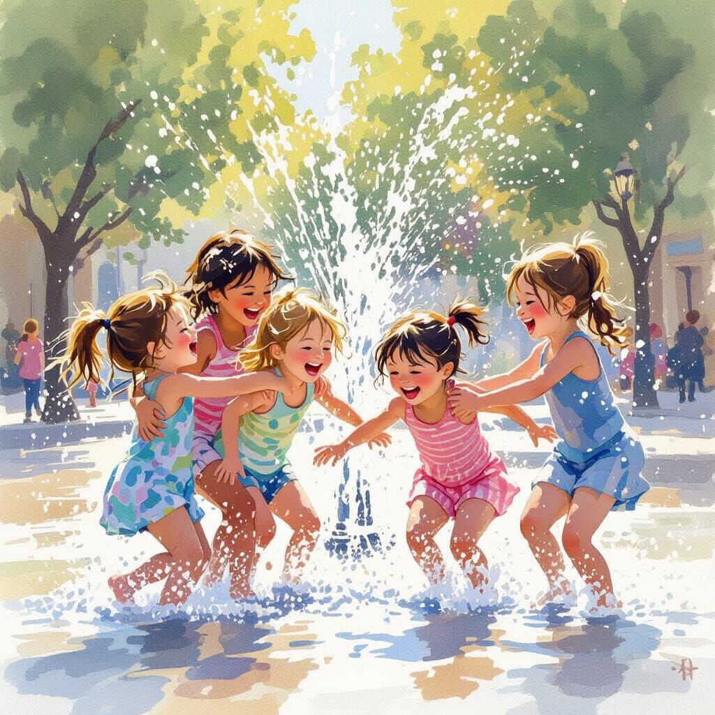 Joyful Girls' Fountain Frolics: Piggyback Fights and Splashe...