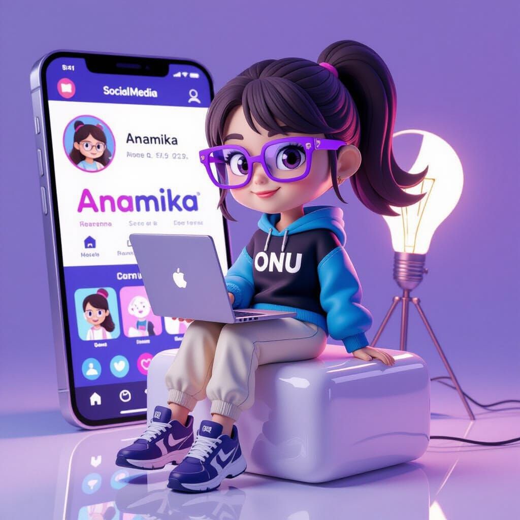 Chibi Girl on Cube with Laptop in Cartoon Style