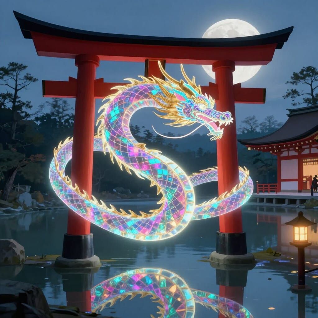 Holographic Dragon Coils Around Torii Gate