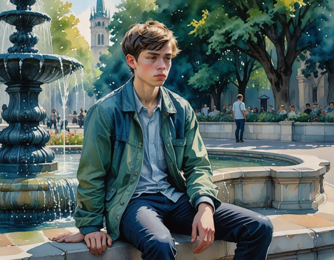 Boy by Moscow Fountain: Watercolor Painting