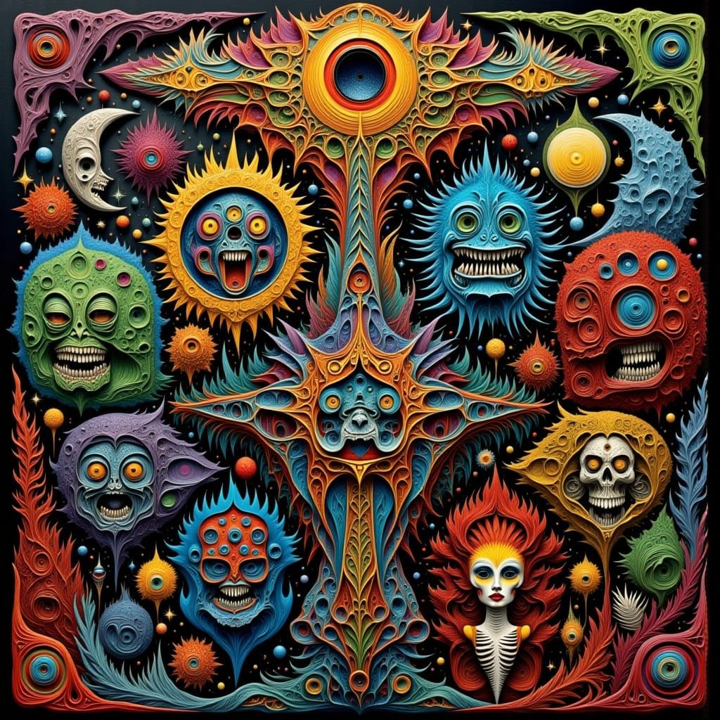 Gothic Art Brut Masterpiece with Distorted Figures and Prima...