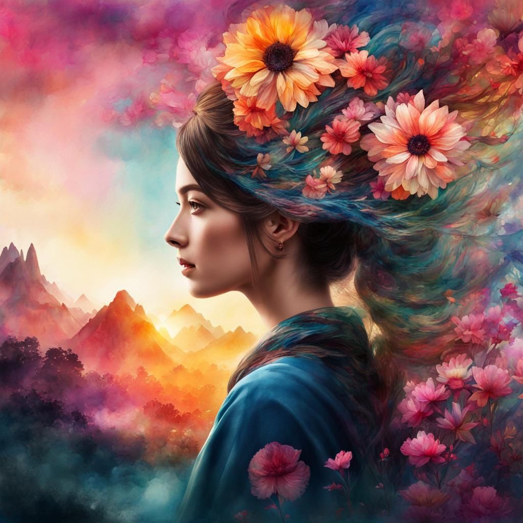 Fantasy Woman: Detailed Watercolor Portrait in Landscape