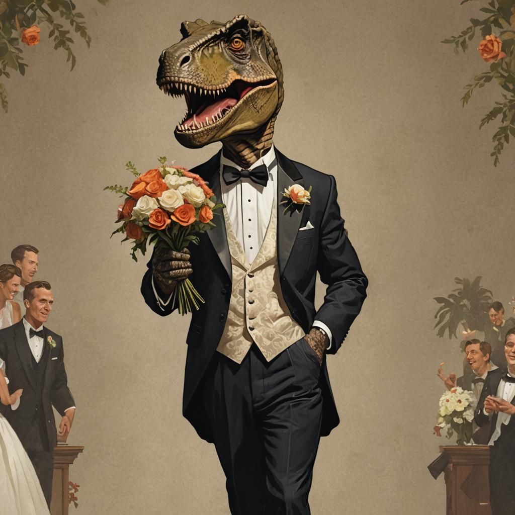 T-Rex in Tuxedo at a Whimsical Wedding