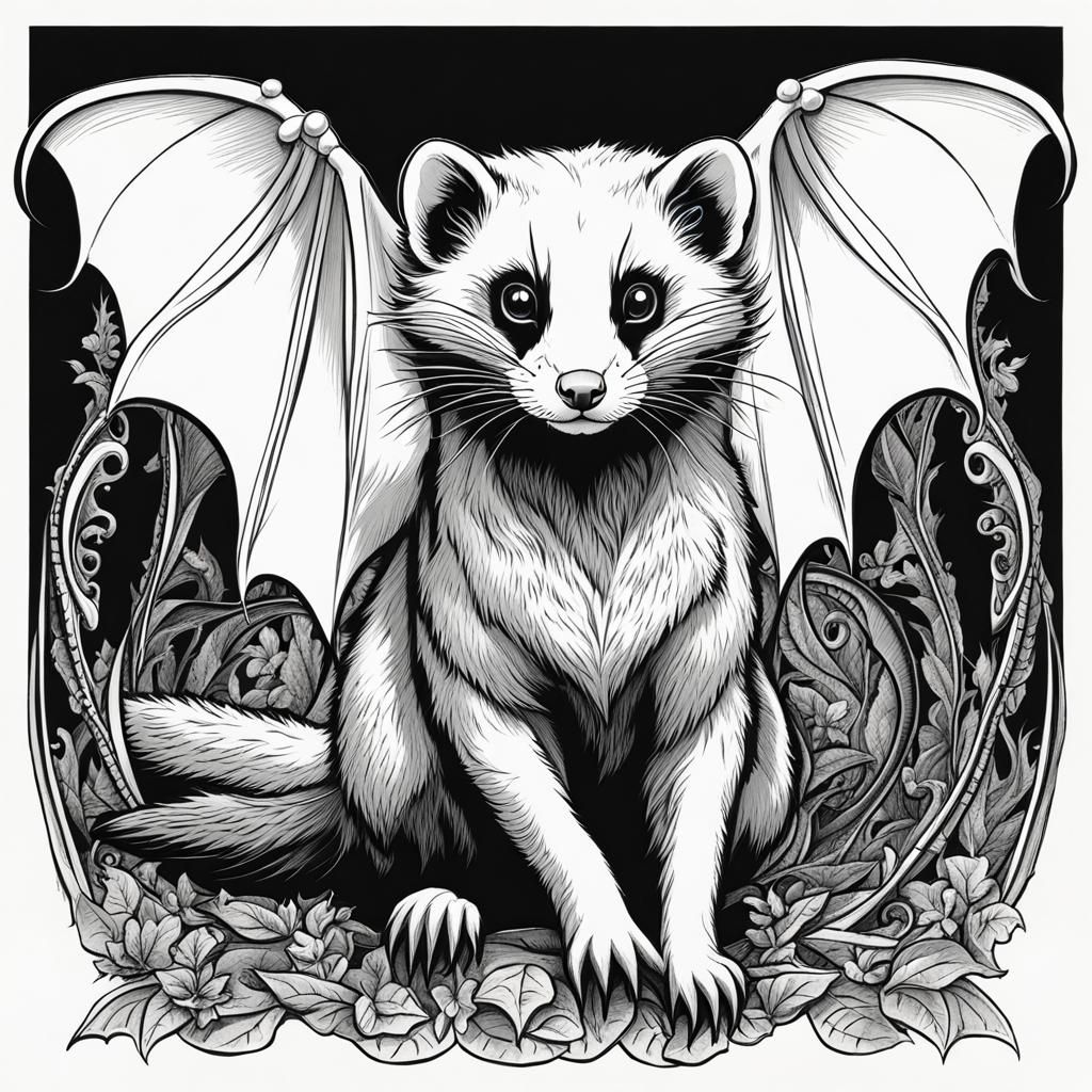 Ferret with Bat Wings Black and White Sketch