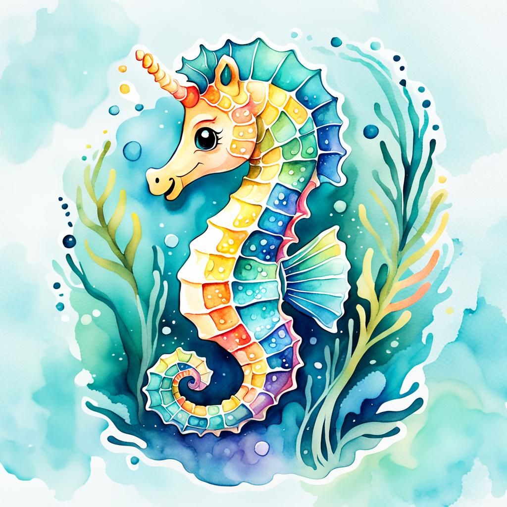 Smiling Seahorse Watercolor Cartoon Illustration