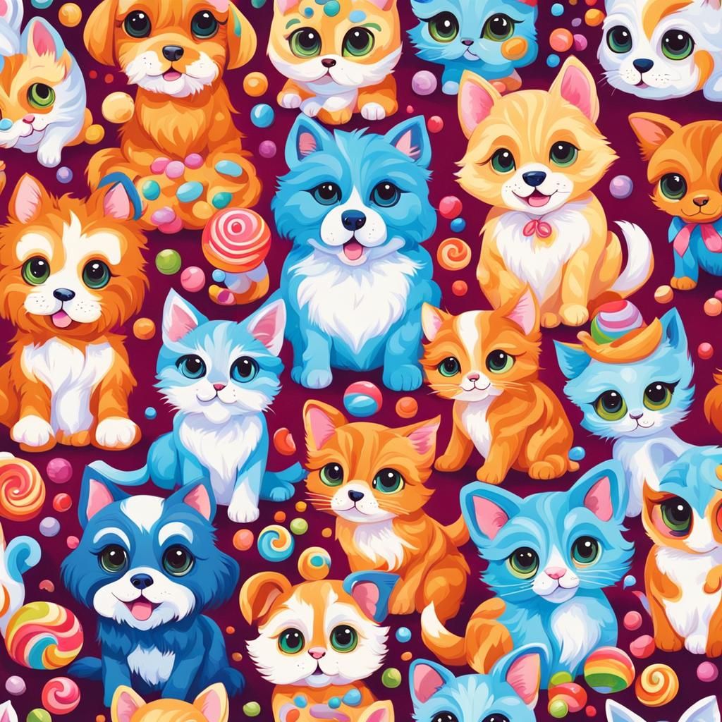 Adorable Puppies and Kittens in Candyland Gouache