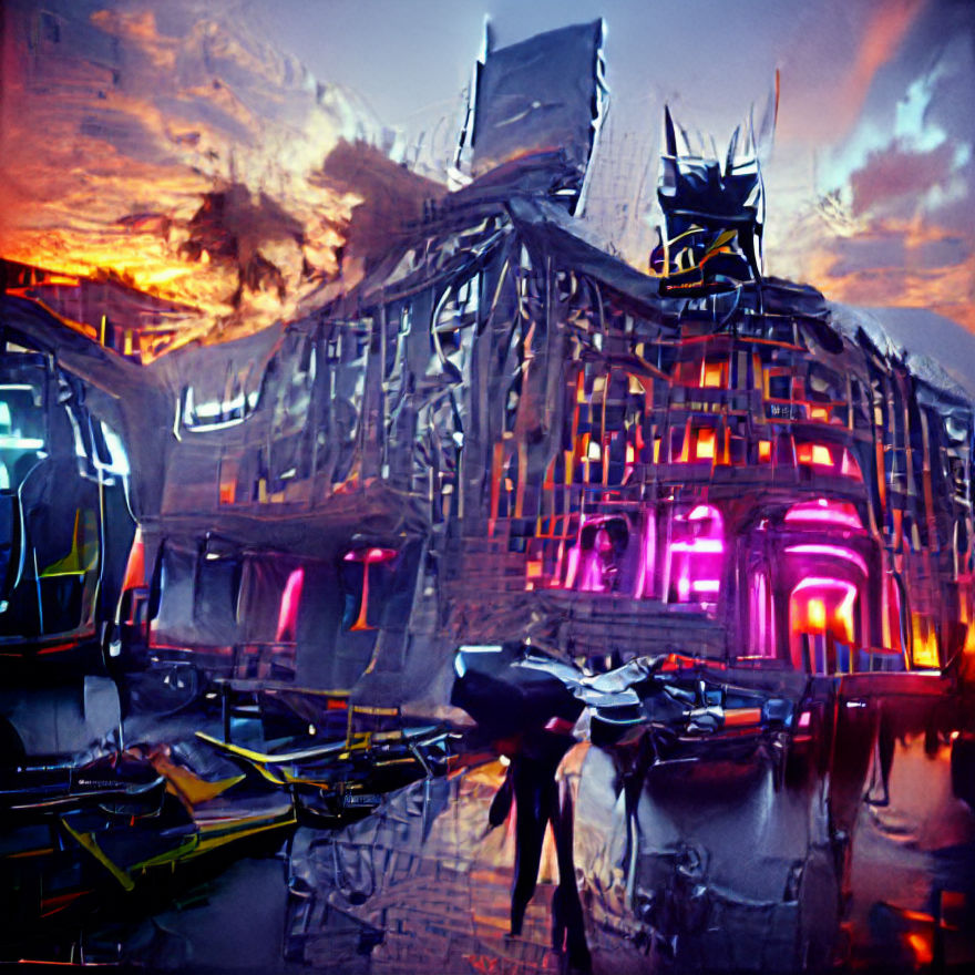 Cyberpunk Building at Sunset in Digital Style