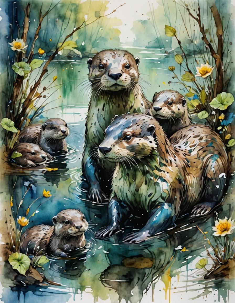 Fairytale Otter Family in Watercolor Fantasy Illustration