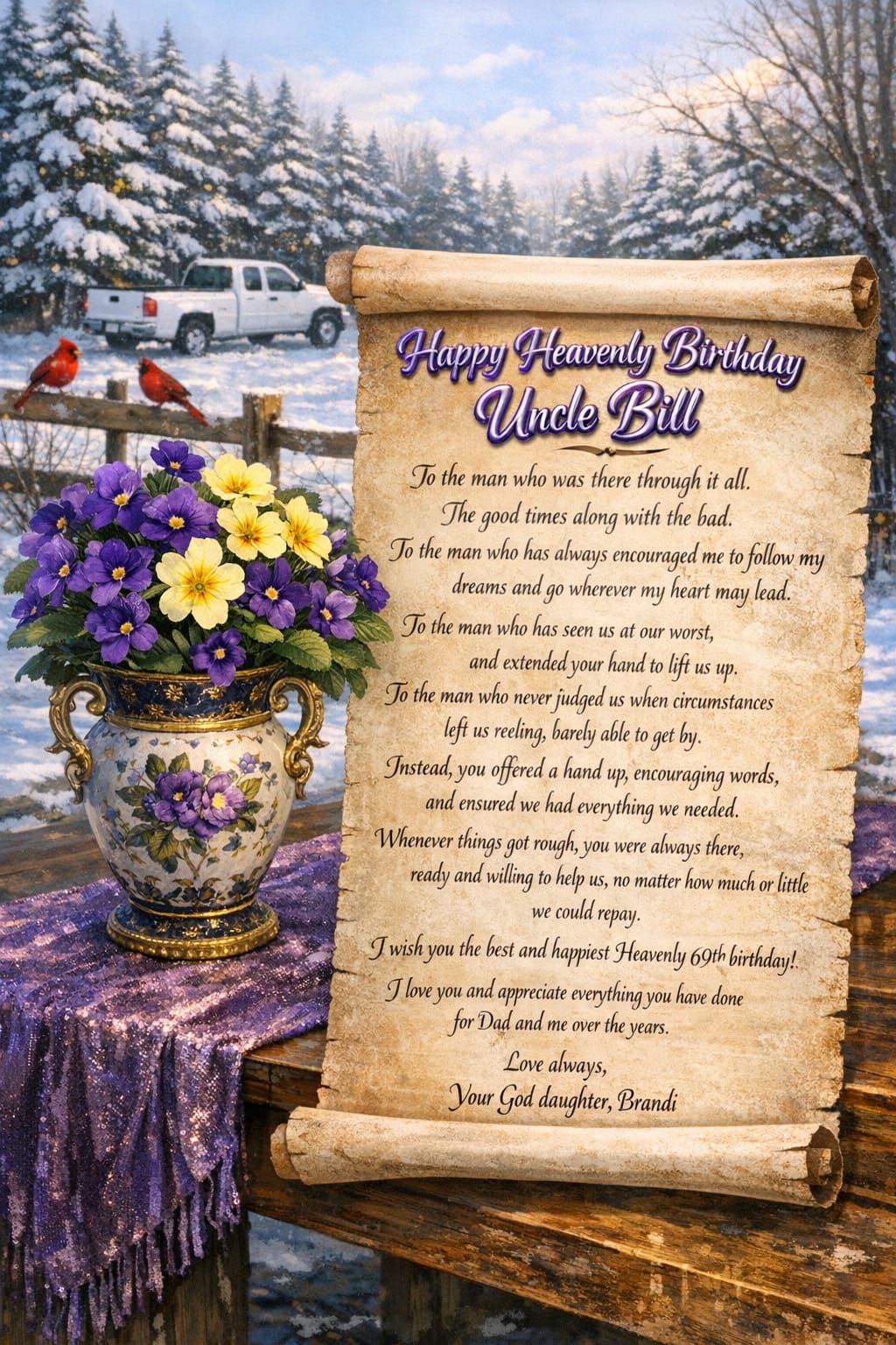 Heavenly Birthday Flowers and Winter Scene