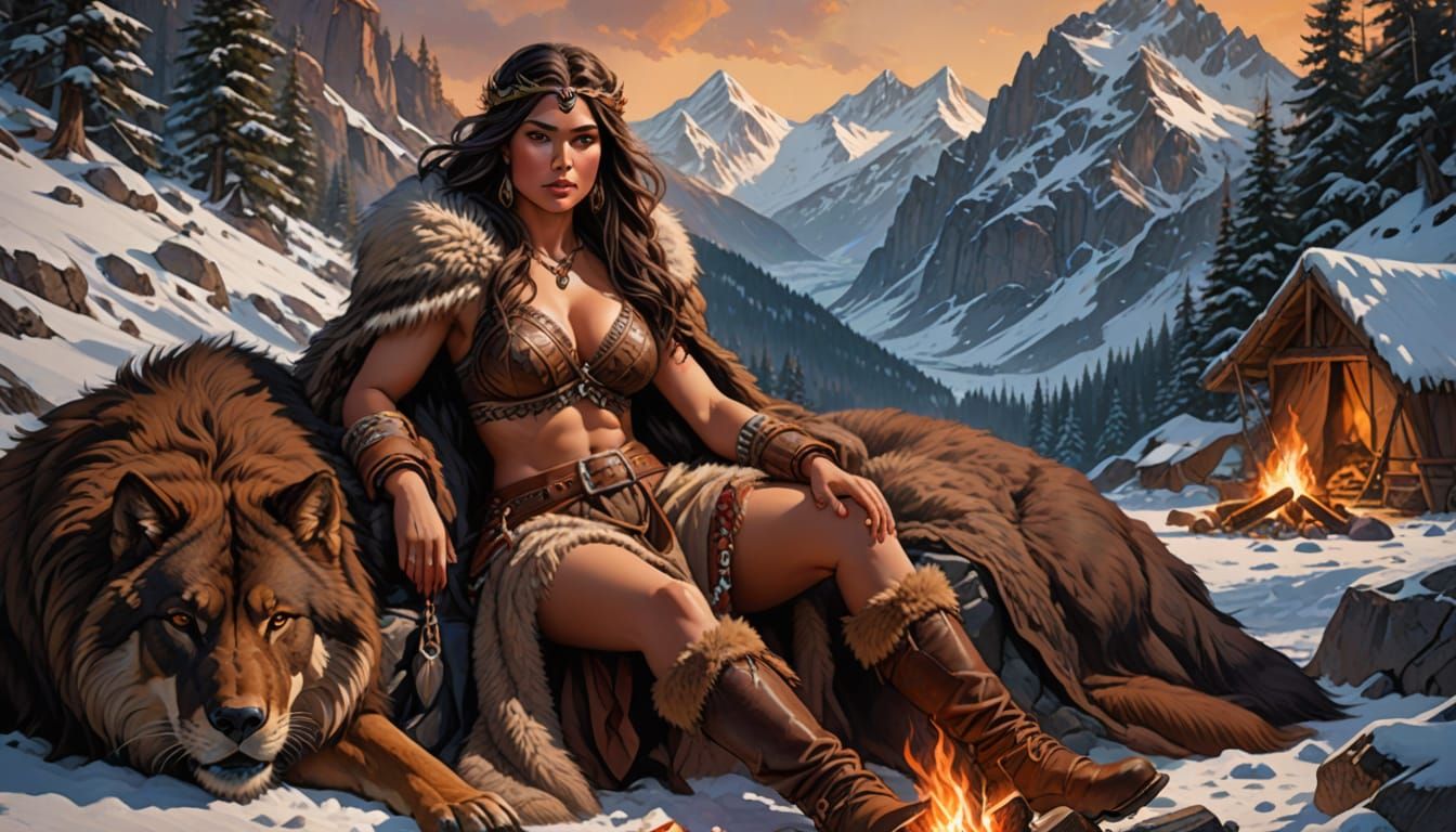 Elegant Barbarian Woman Rests Beside Campfire on Snowy Mount...