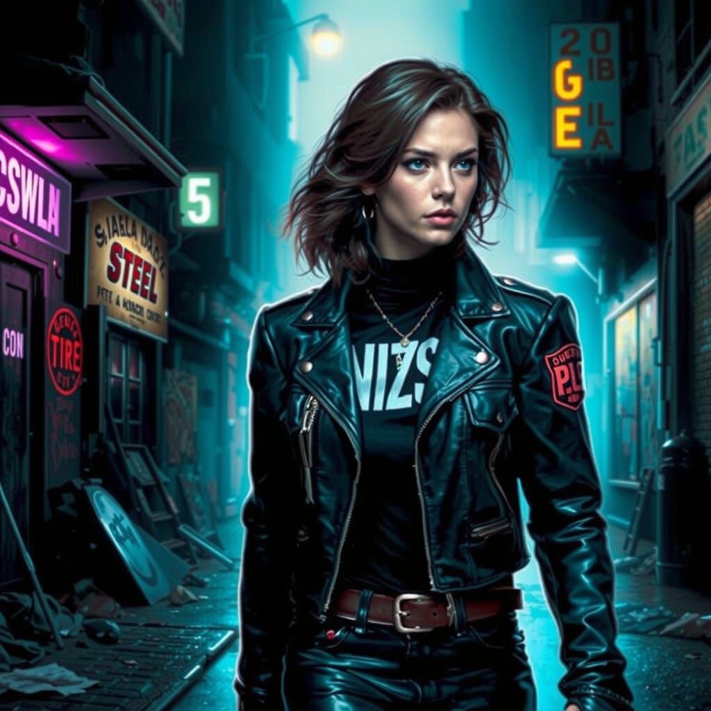 Trashpunk Girl in Gritty Neon Cityscape