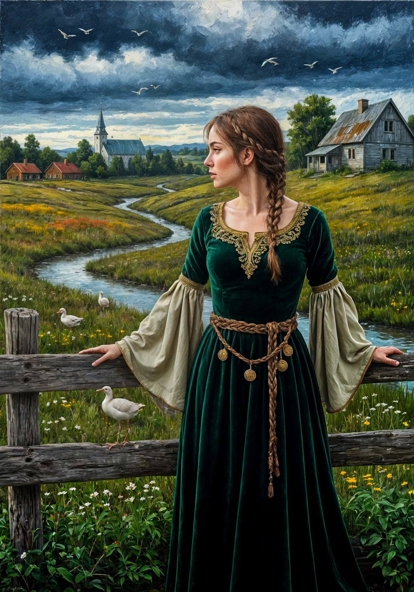 Girl in Velvet Gown by Fence, as Impasto Painting