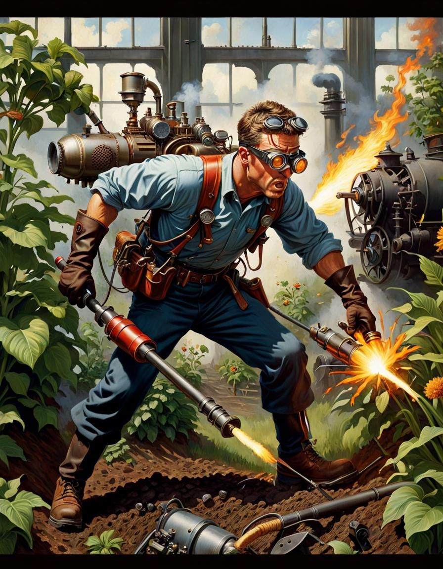 Angry Gardener with Flamethrower, Rockwell Style