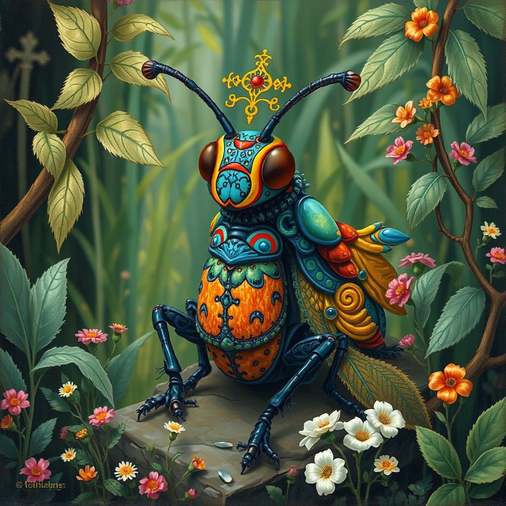 Regal Insect in Lush Landscape, in Whimsical Gouache Style