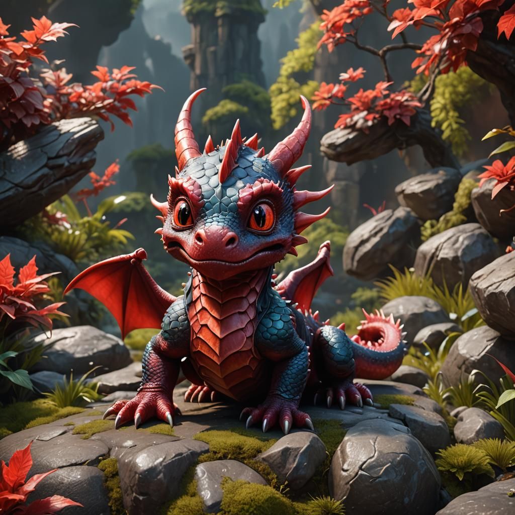 Adorable Baby Red Dragon in Detailed Fantasy Art