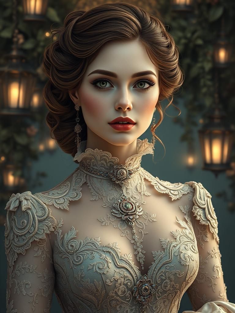 Victorian Woman in Alcohol Ink Dreamscape