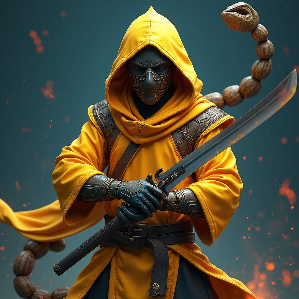 Cyberpunk Ninja Scorpion in Vivid Yellow Armor, Wielding Kat...