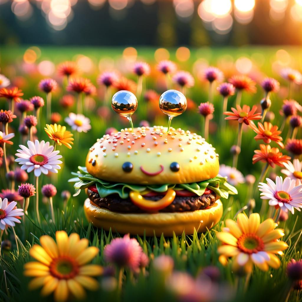 Epic Smiling Plastic Hamburger in a Meadow