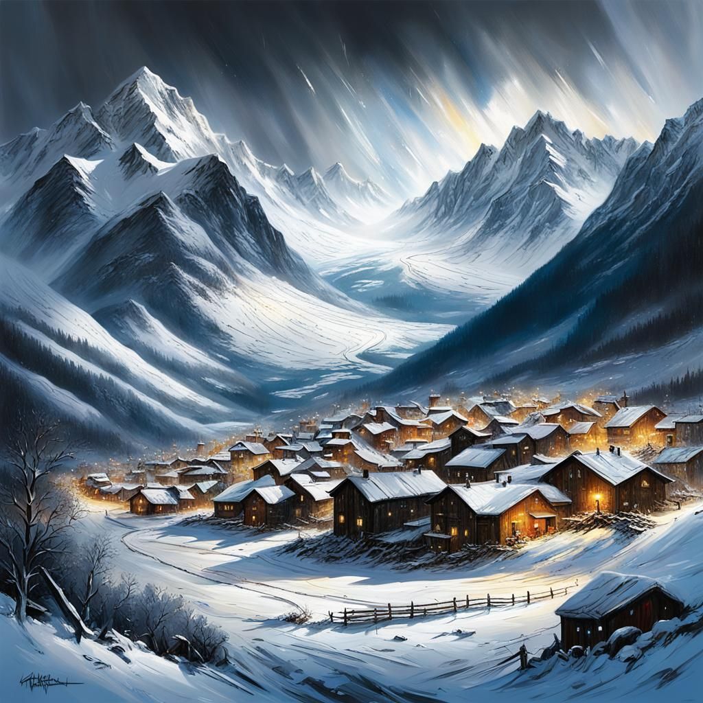 Avalanche Over Village: Romanticism-Inspired Winter Scene