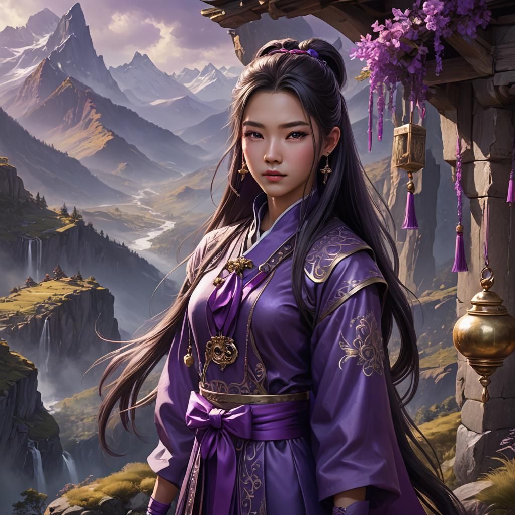 Xianxia Boy with Purple Eyes in Mountain Scene
