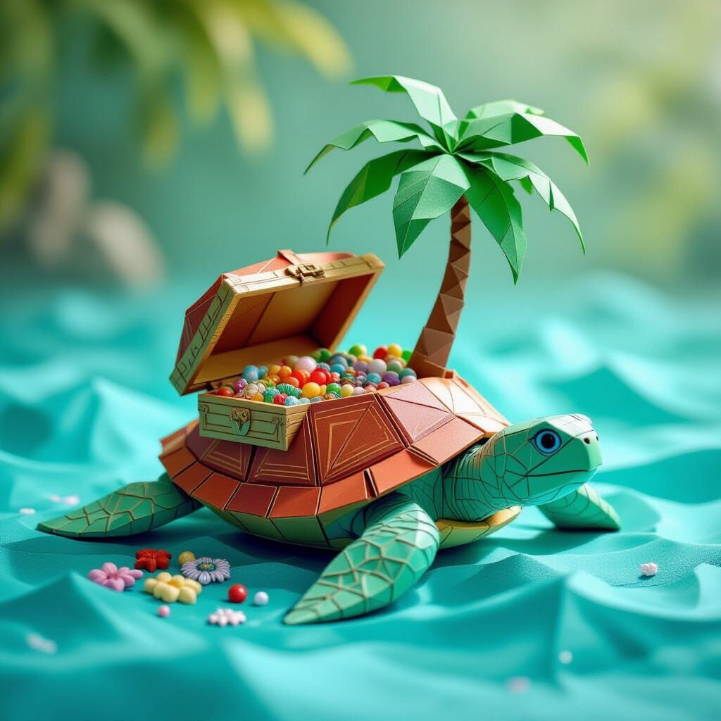 Origami Treasure Chest on Giant Turtle in Turquoise Ocean