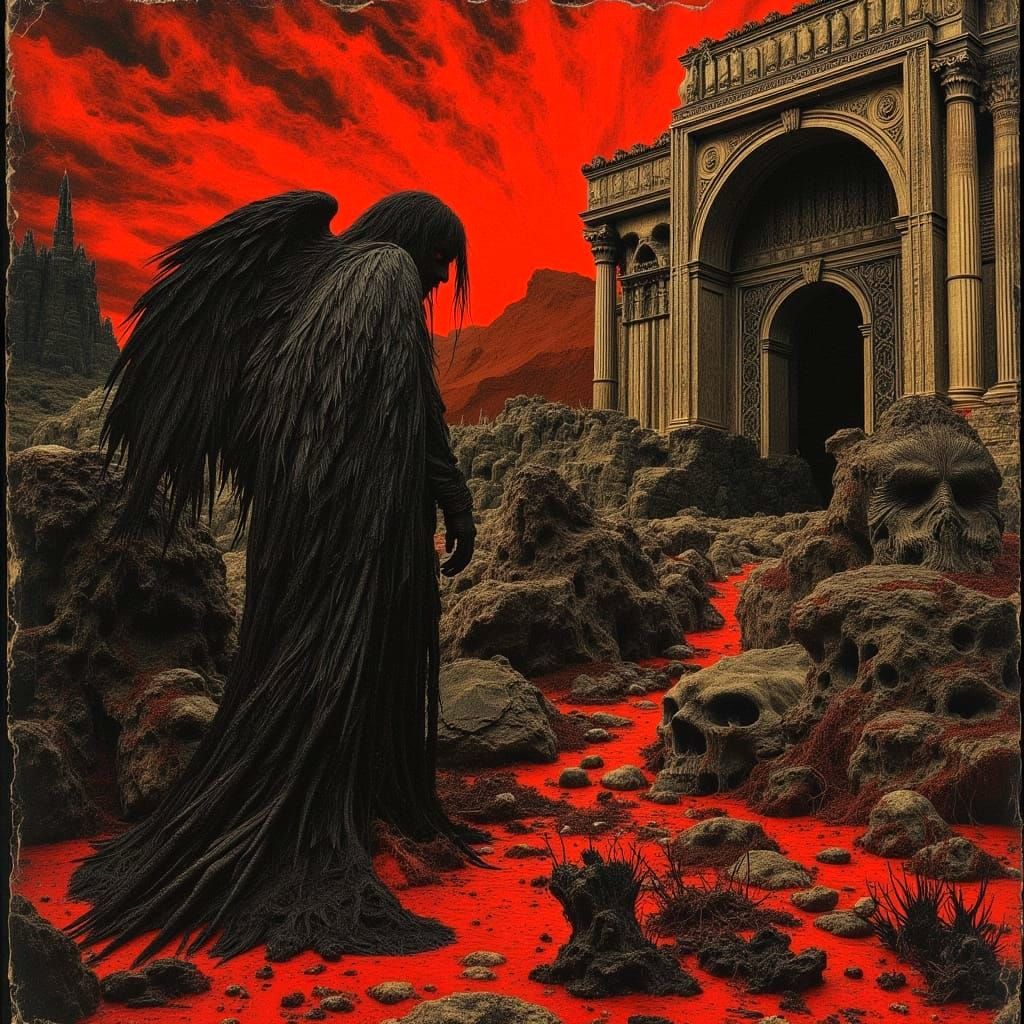 Dark Angel of Death Over Hades Inferno Landscape