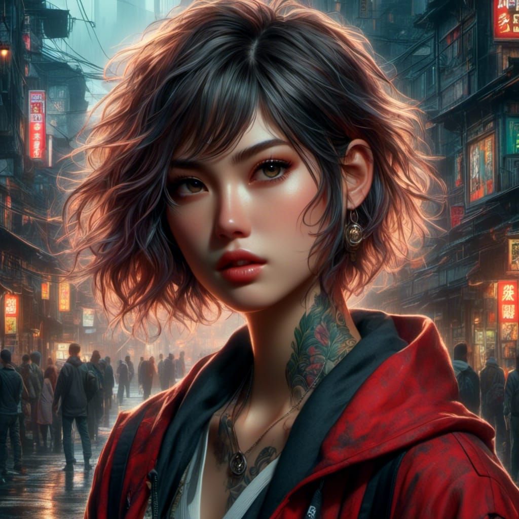 Anime Portrait of a Yakuza Woman on City Street