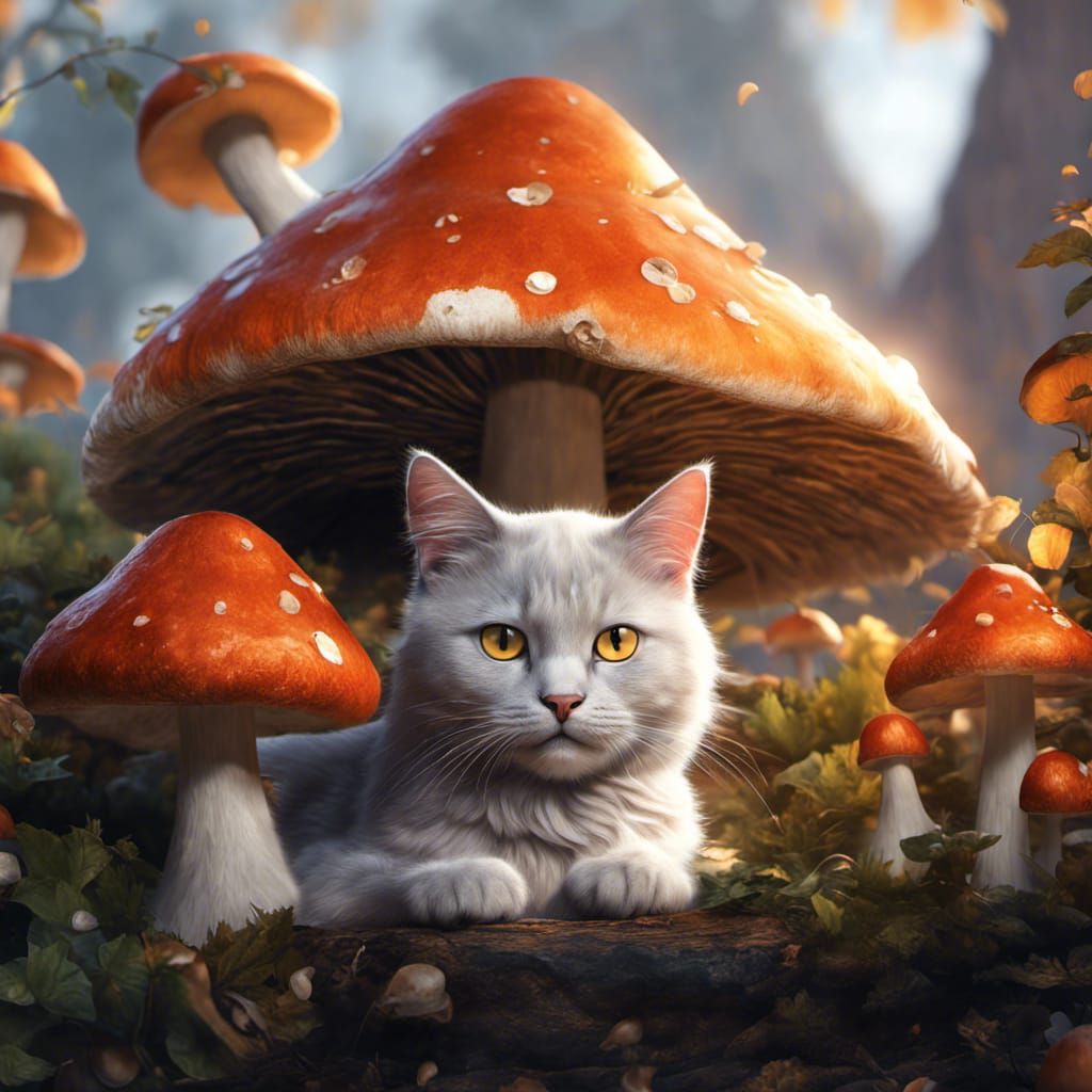 Black Cat with Mushrooms in Impressionist Style