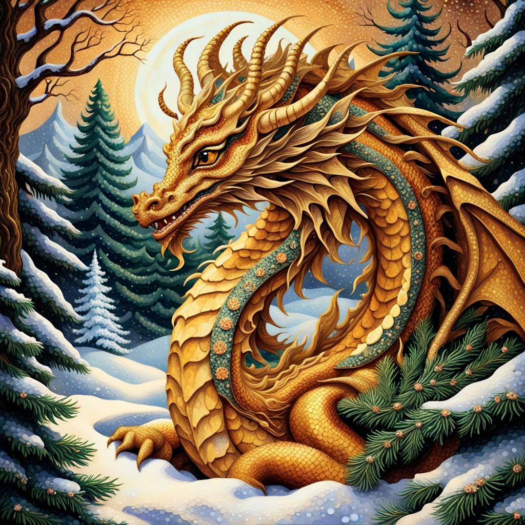 Warm Folk Art Storybook Dragon with Majolica Accents and Ear...