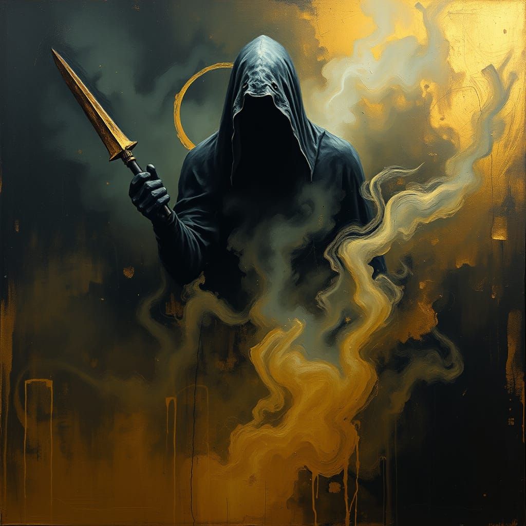 Ominous Gold Foil Oil Painting with Expressive Brush Strokes