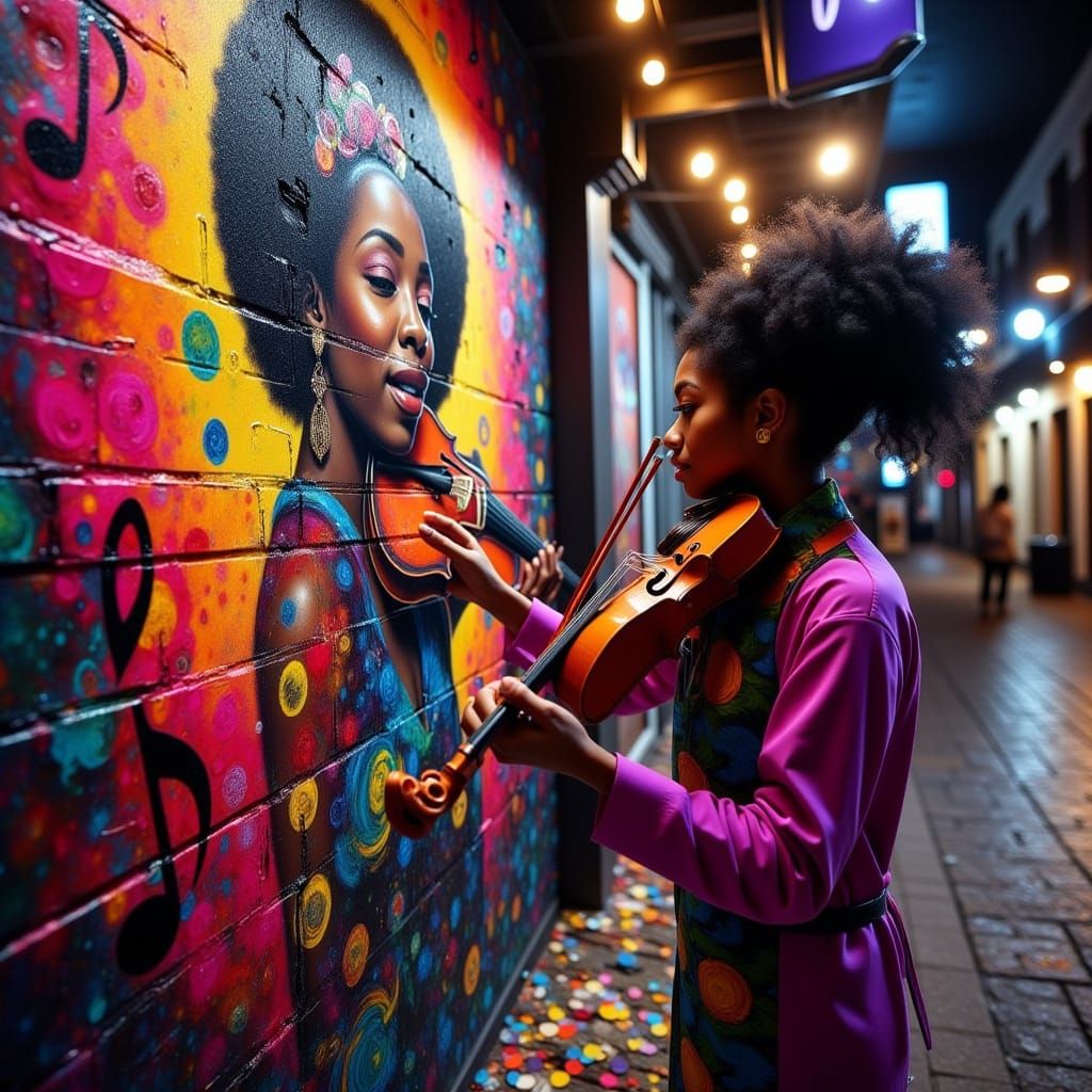 Afro-Latina Artist Paints Vibrant Mural in Neon City