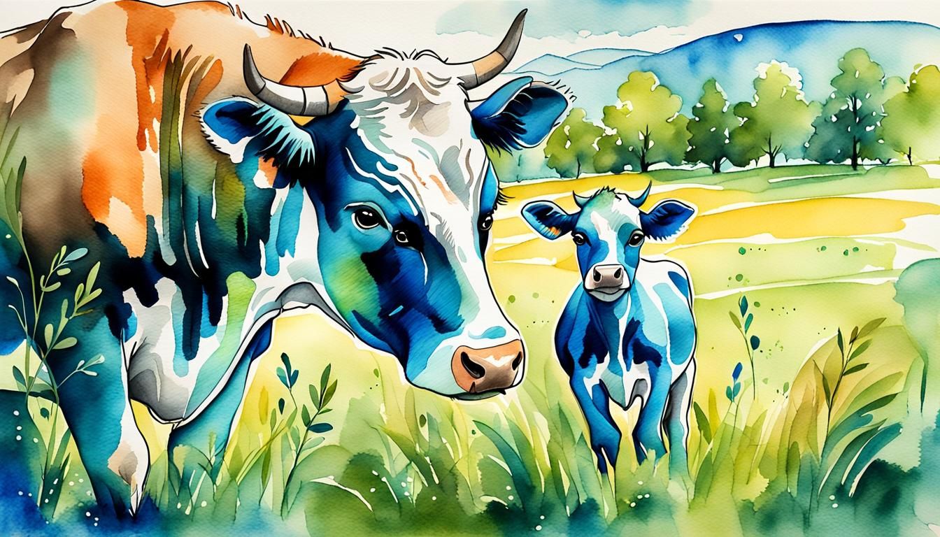 Cow and Calf in Meadow: Watercolor and Ink
