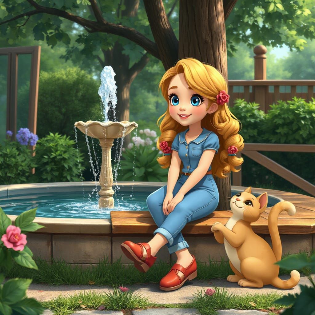 Cartoon Girl Surrounded by Vibrant Spring Park