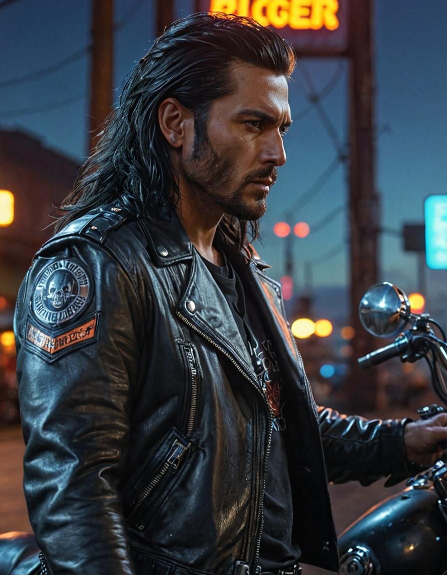 Rocker Motorcyclist Portrait in Cinematic Lighting