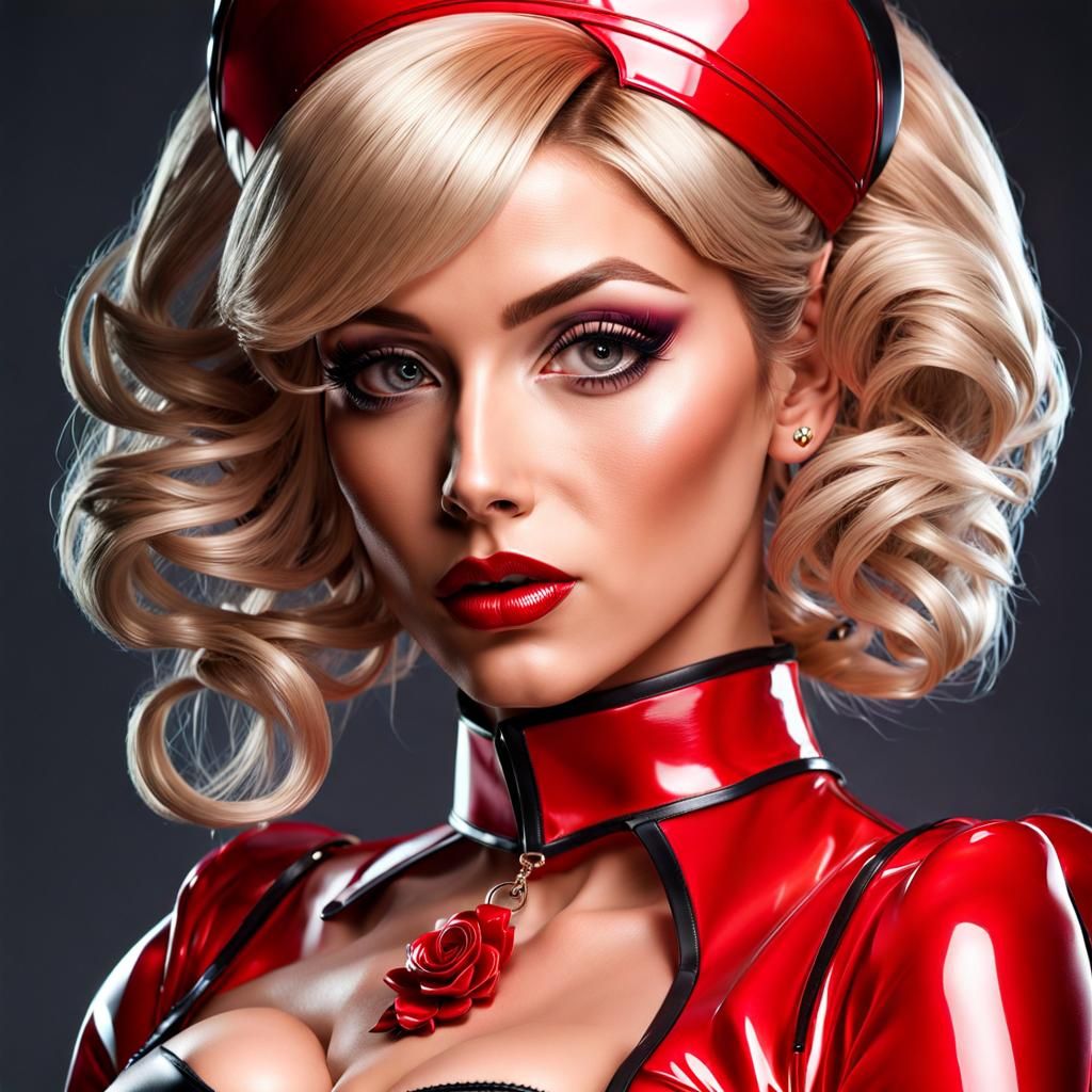 Beautiful Maid in Red Latex Outfit Portrait