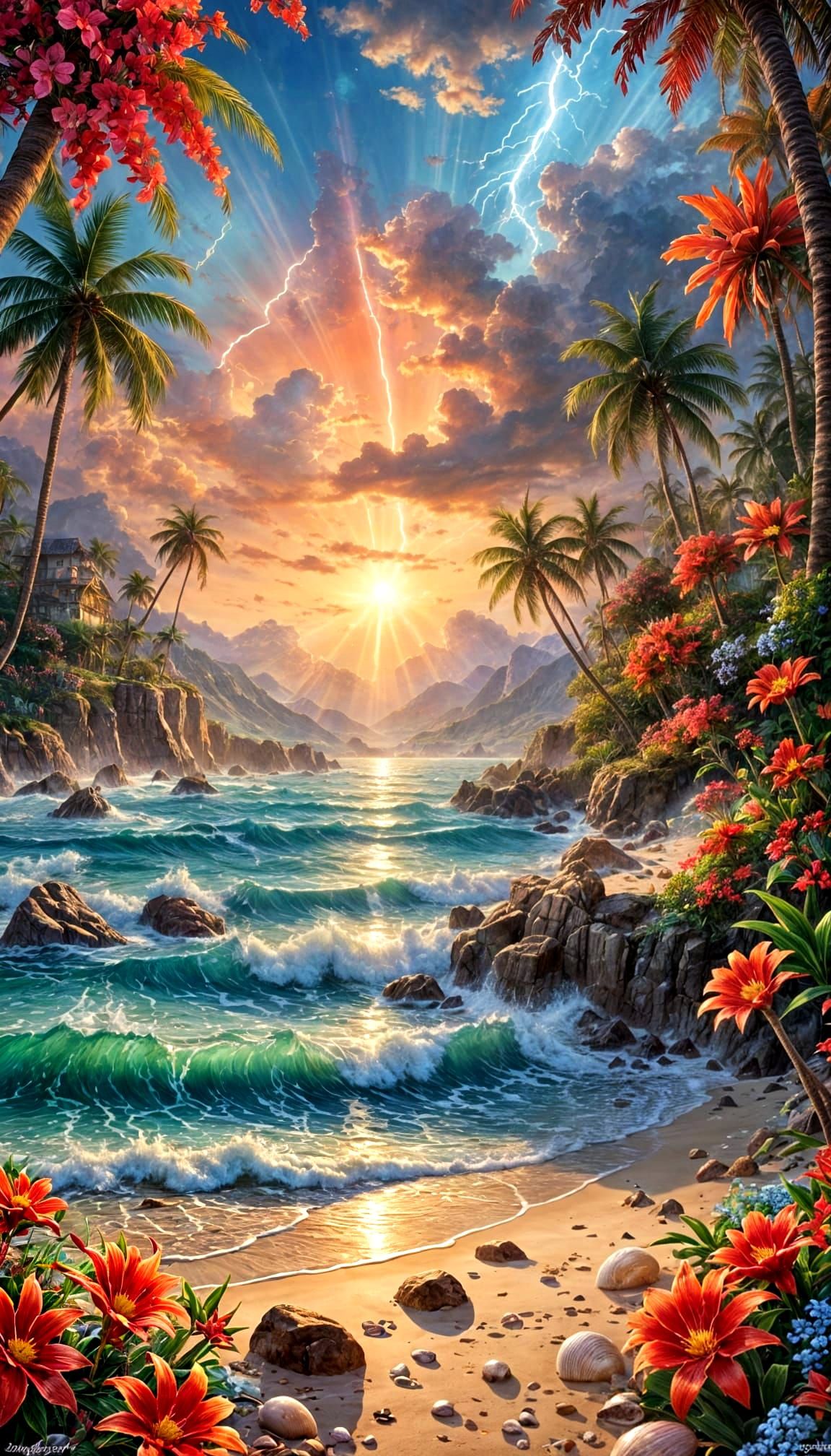 Vibrant Beach Scene with Red Flowers and Holographic Lights