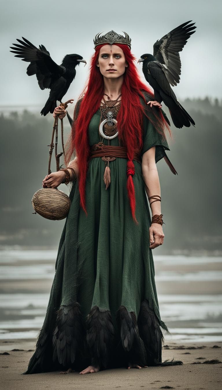 Viking Woman with Raven and Owl on a Foggy Beach